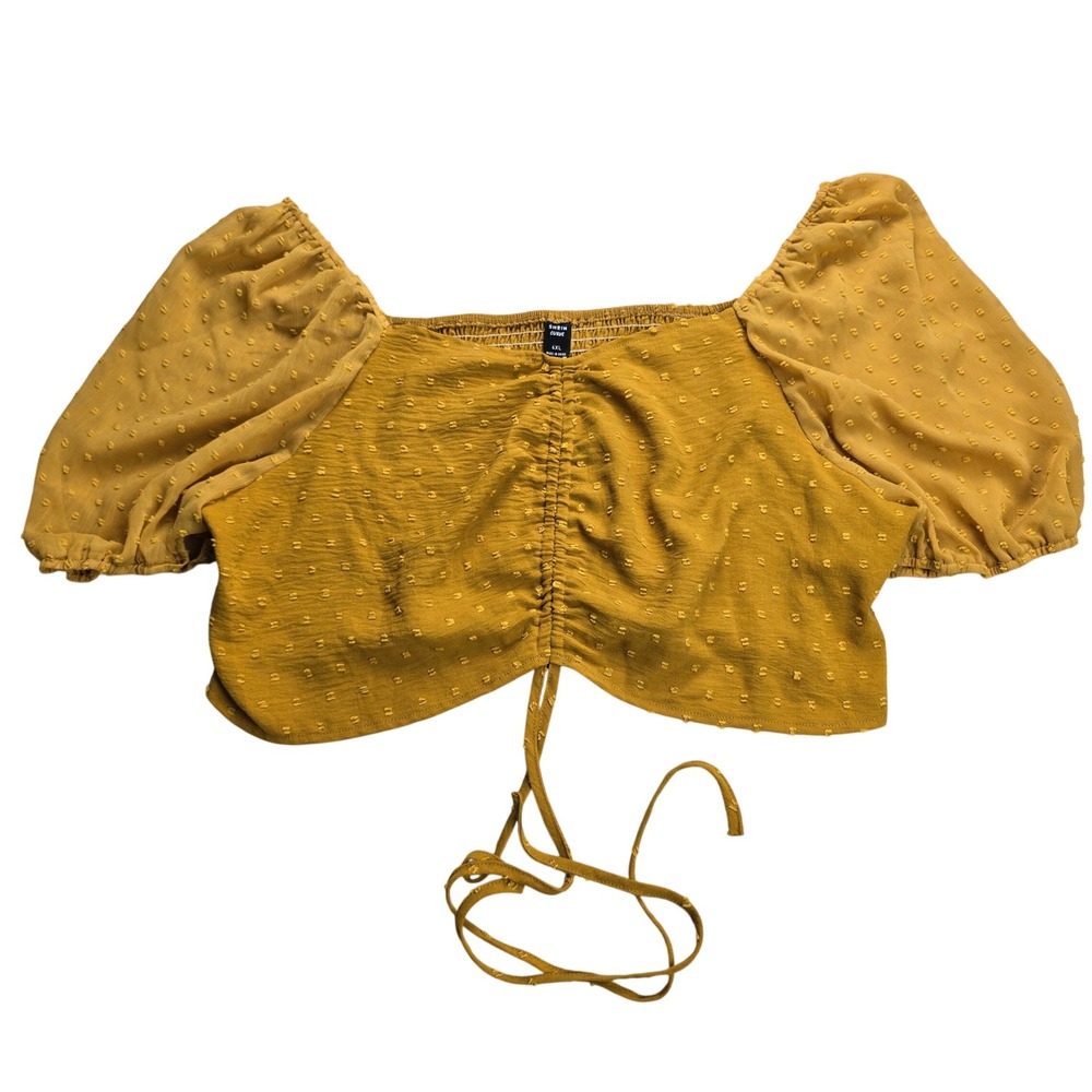 Shein Curve Mustard Yellow Swiss Dot Ruched Puff Sleeve Crop Top 4XL Boho